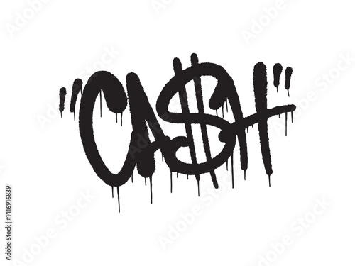 Abstract Black Graffiti Art Spelling "CASH" with an Integrated Dollar Sign and Dripping Paint
