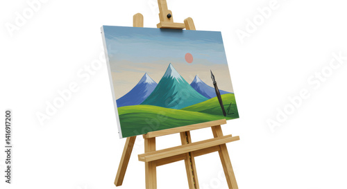Isolated Easel with Mountain Painting and Pen Illustration