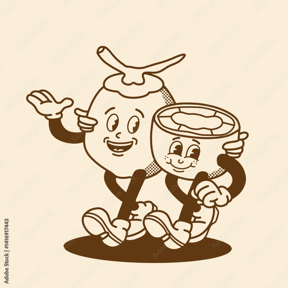 Fototapeta premium mascot character coconut with retro style good for fruit mascot, brand mascot, groovy mascot, etc