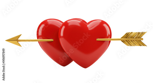 Isolated Two Red Hearts Pierced by Golden Arrow