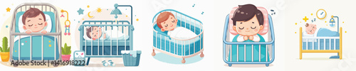 Vector of a baby sleeping in a crib.