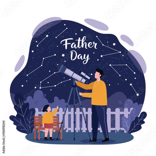 Father and son stargazing with telescope in night garden flat design vector illustration