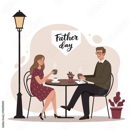 Father and daughter enjoying coffee together at outdoor café table under umbrella in flat vector illustration