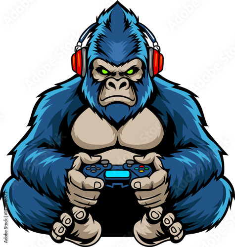 Blue Gorilla Monkey playing game with joystick and headphone isolated cartoon character illustration