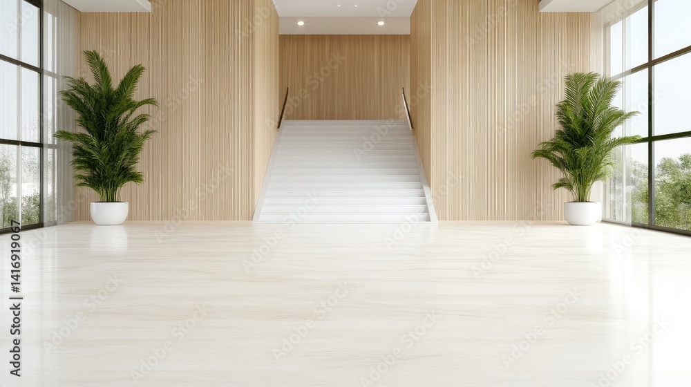 Fototapeta premium Modern minimalist interior with wooden wall and white stairs