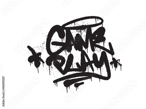 Monochrome Black "GAME PLAY" Graffiti with a Textured Spray Paint Finish on White Field