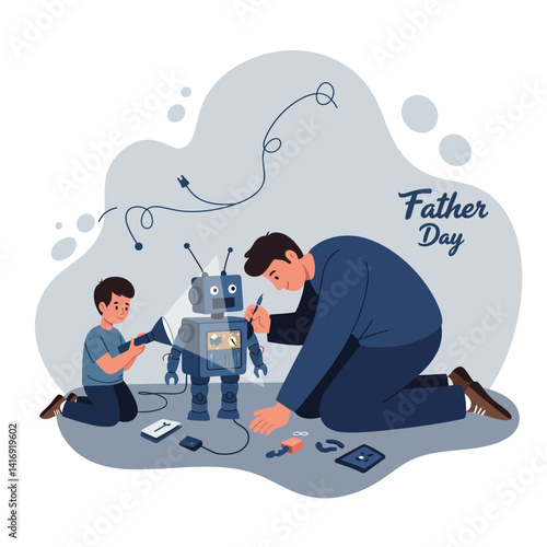 Father and son assembling robot toy together in flat design style family bonding vector art