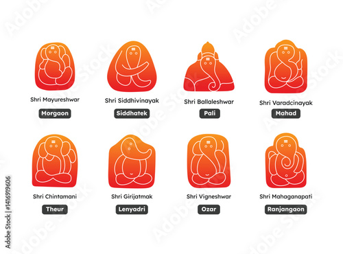 Vector graphic of Ashtavinayak, 8 types & names of ganesha or Lord Ganapati - Mayureshwar, Siddhivinayak, Ballaleshwar, Varadvinayak, Chintamani, Girijatmak, Vigneshwar, Mahaganapati - Maharashtra
