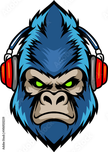 Blue Gorilla head with headphone isolated cartoon character illustration