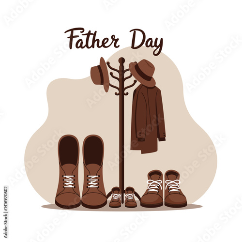 Father and child boots with hat and coat hanging on wall rack minimal flat design vector illustration