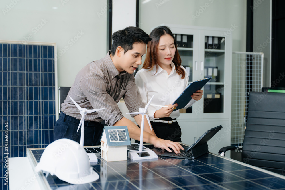 Obraz premium Cutting edge solar panel battery concept with our team of renewable energy engineers