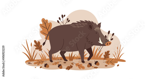 Red squirrel climbing on a tree branch with falling leaves in flat autumn nature scene vector illustration