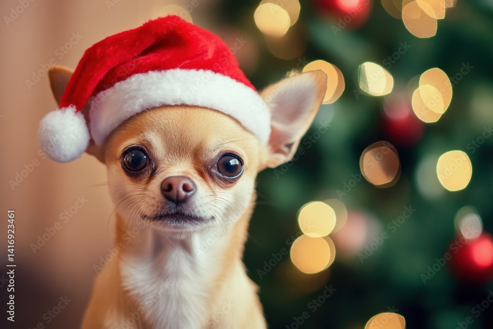 Chihuahua in santa hat with festive bokeh background Chihuahua in santa hat with festive bokeh background