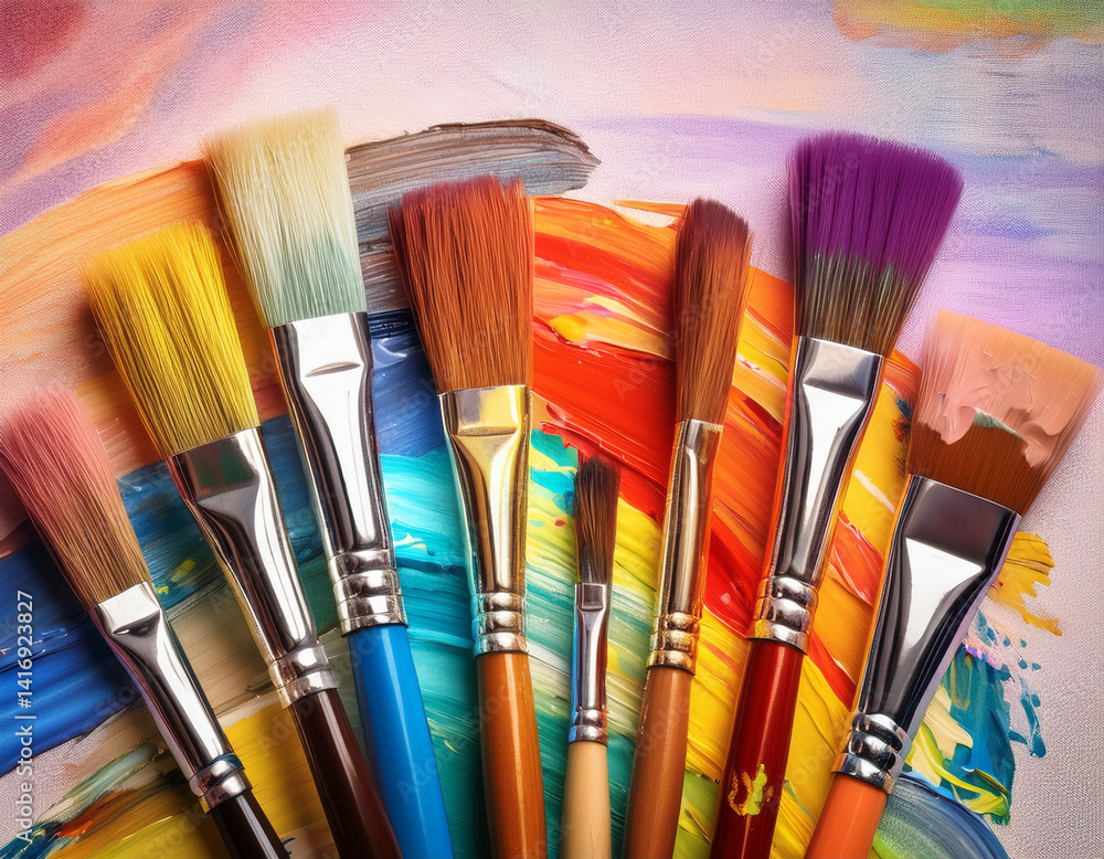 Fototapeta premium A collection of paintbrushes and colorful swatches rests on a canvas, representing artistic labor, creativity, and the skill involved in visual arts.
