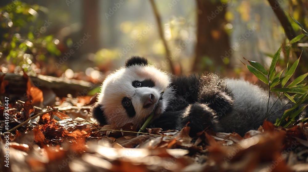Fototapeta premium Panda cub eating bamboo in forest