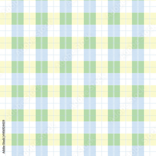 Plaid Pattern in Pastel Colors Blue Yellow and Green Checkered Grid Design. Plaid Grid Pattern. Textile design of textured plaid. Gingham Checkered fabric pattern swatch for print, tartan