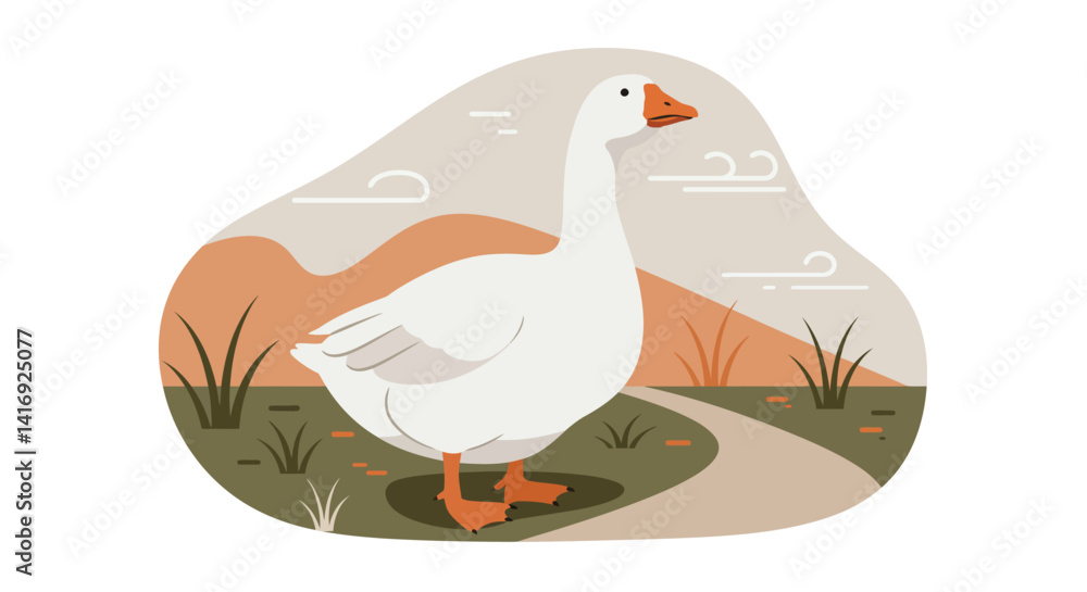 Obraz premium White domestic goose standing in natural outdoor setting with minimal flat design style vector illustration