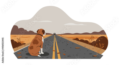Brown and white dog sitting calmly on roadside with autumn landscape in flat minimal vector art