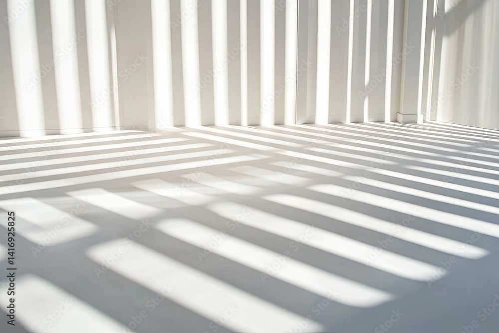 Obraz premium Sunlight casts long, parallel shadows through blinds onto a white floor
