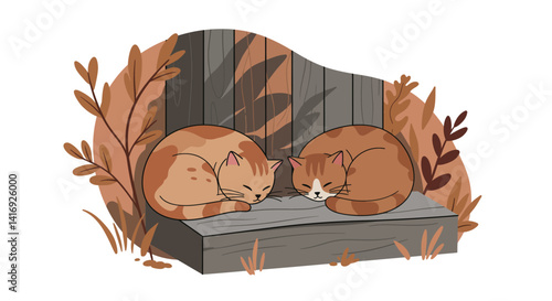 Two curled sleeping cats resting on a rustic wooden bench surrounded by autumn leaves flat design vector illustration