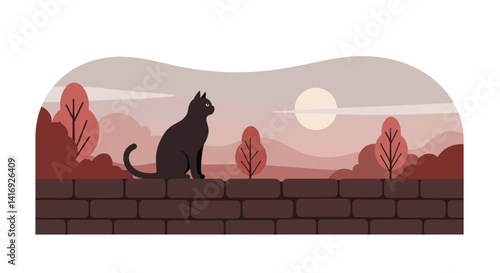 Black cat sitting on stone wall with autumn trees and setting sun in flat minimal vector illustration