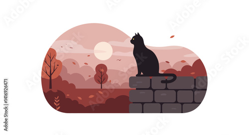 Two small brown birds perched on a rustic wooden scarecrow in a dry grassy field under cloudy sky flat style vector illustration