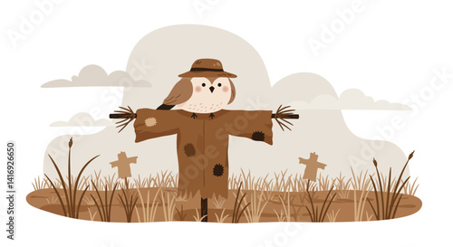 Brown dog sniffing tree trunk with fallen leaves in flat minimal vector art