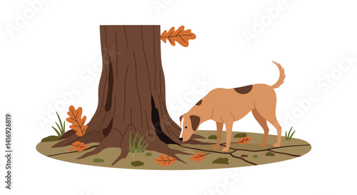 Brown dog sniffing around large old tree trunk with autumn leaves flat style vector illustration