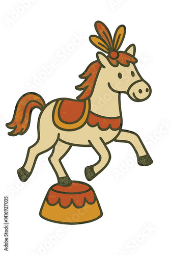 Circus horse with feathers and saddle in a playful style  
