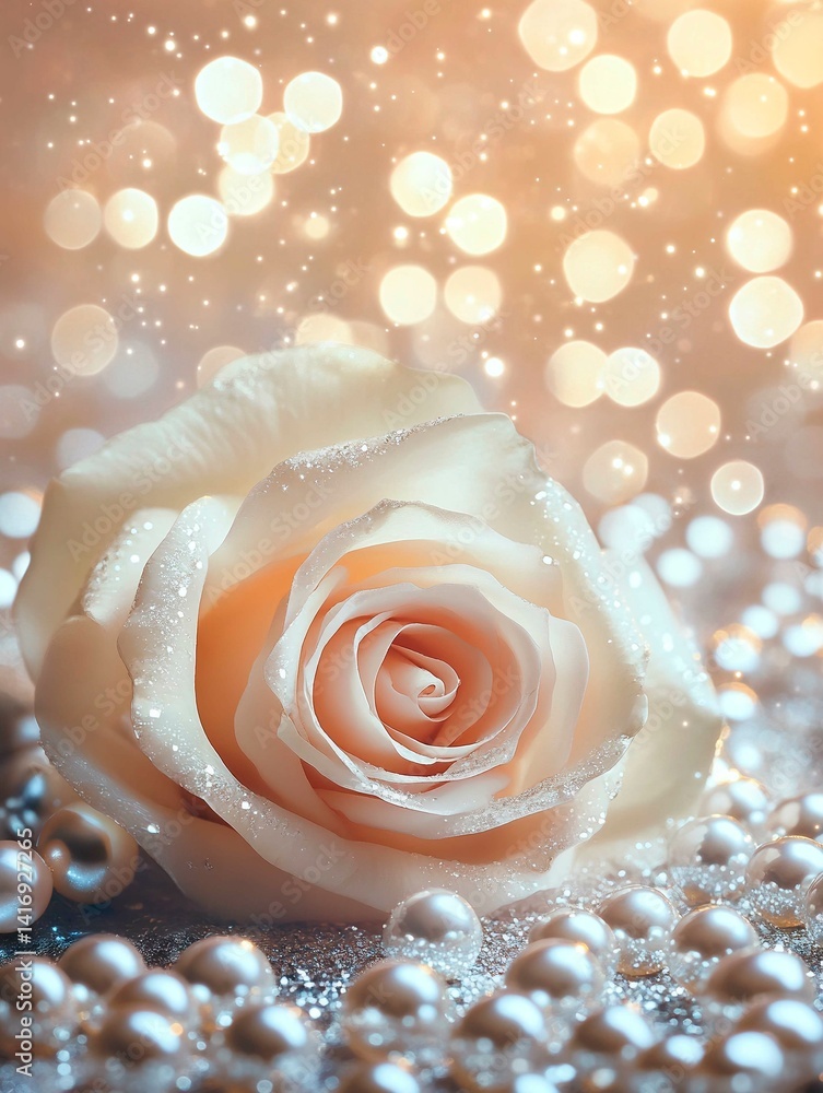 Fototapeta premium festive banner pearls, roses lie on the background of shiny glow