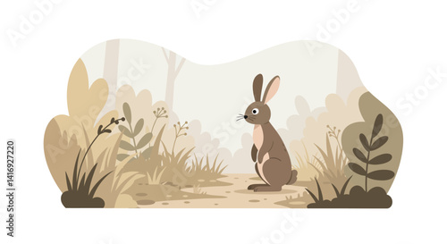 Brown rabbit sitting calmly in natural woodland with dry plants and soft muted colors in flat design vector illustration