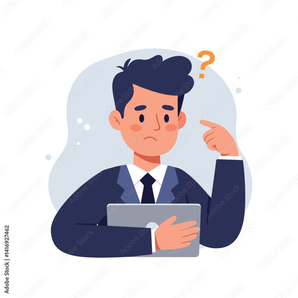 Confused job candidate pondering with tablet against simple background Confused job candidate pondering with tablet against simple background
