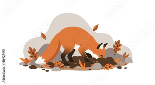 Red squirrel eating seeds near hanging bird feeder flat style with natural setting vector illustration