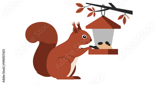 Red squirrel eating seeds from a hanging feeder with autumn leaves flat colorful vector illustration