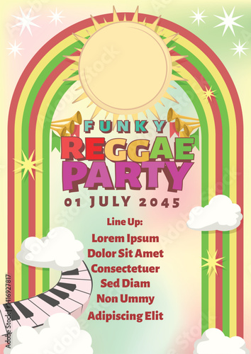 abstract rainbow three color with cloud, sun, star and keyboard for funky reggae party concert poster. international paper size music poster template vector illustration.