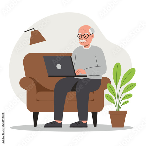 Elderly man using laptop while sitting on a sofa with a plant  