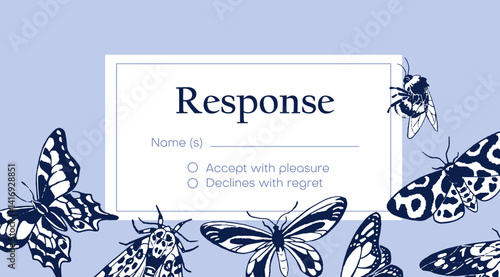 Design of response card to wedding invitation with place for text, note and contour insects. Template of reply with different outline butterflies, moths, bugs, bumblebee. Flat vector illustration