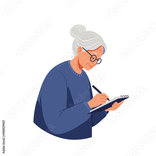 elderly woman writing notes in a cozy atmosphere  