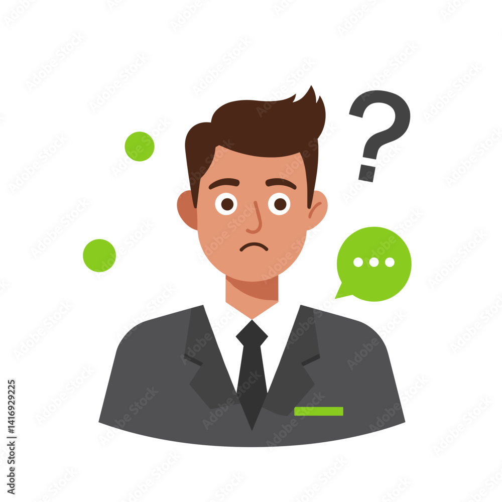 Confused businessman expressing uncertainty with speech bubbles Confused businessman expressing uncertainty with speech bubbles