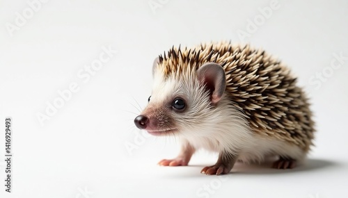 Close-up view of a single hedgehog against a bright white backdrop, clipart, white, adorable