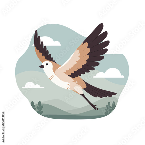 Illustration of a bird spreading its wings in flight over a soft green landscape with cloudy sky and distant hills, showcasing natural freedom and peacefulness