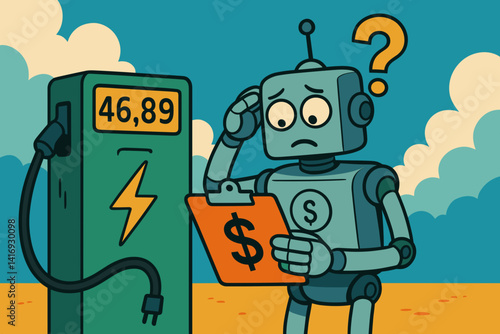 Confused robot calculating charging cost against a sunny background  