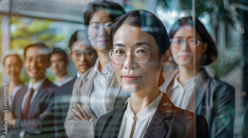 Confident businesswoman with diverse team behind glass window reflection.