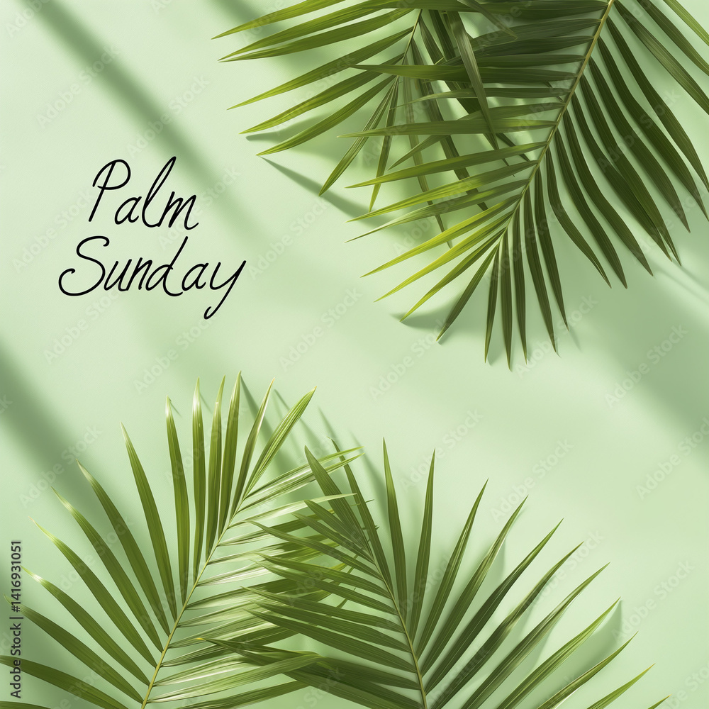 Palm leaves and “Palm Sunday” text on soft green background.