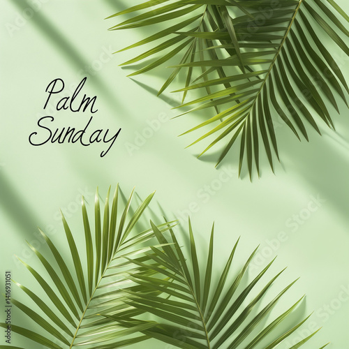 Obraz na płótnie Palm leaves and “Palm Sunday” text on soft green background. w salonie