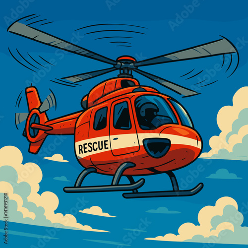 Rescue helicopter flying against a blue sky with clouds  