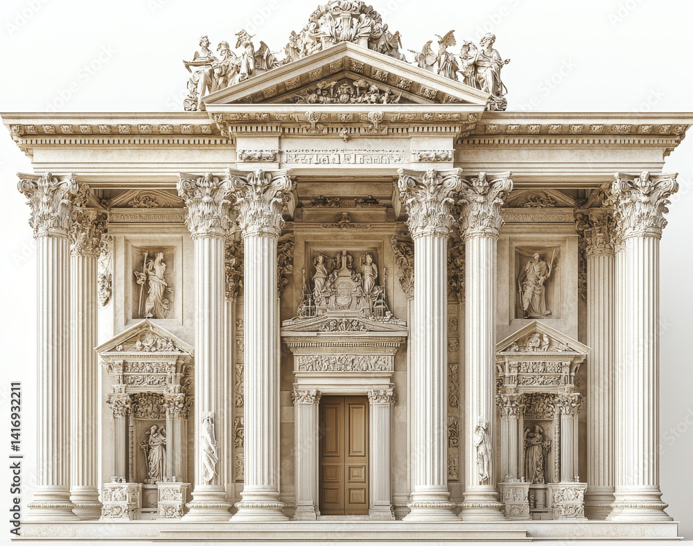 Obraz premium Highly Detailed Neoclassical Entablature with Corinthian Columns and Sculptures on White Background