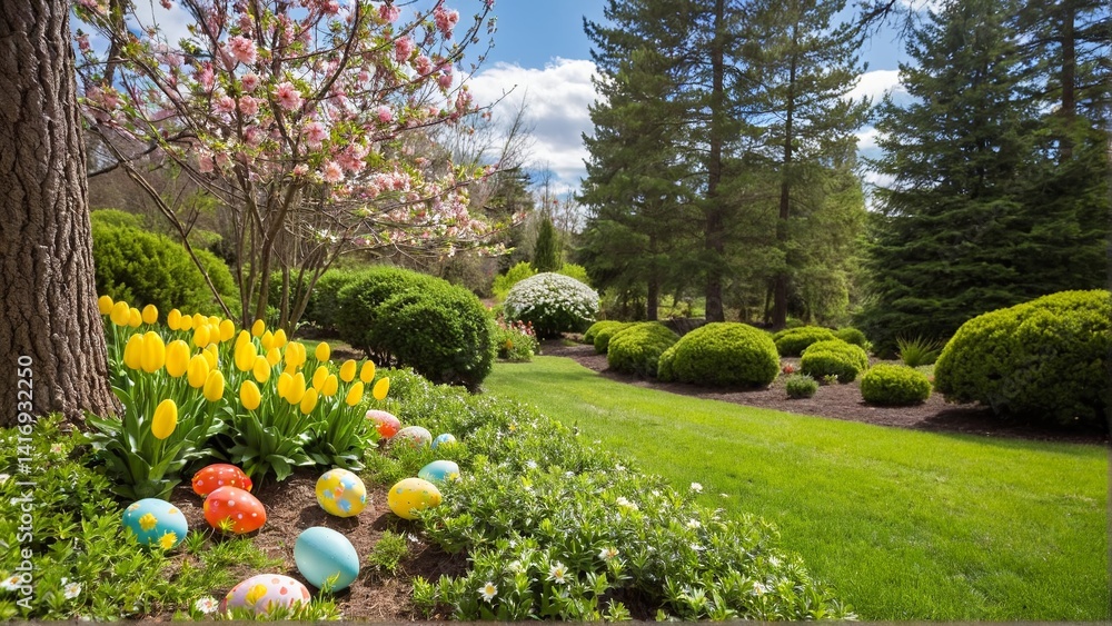 Obraz premium A beautiful springtime garden featuring blooming trees, vibrant yellow tulips, and colorful, decorated eggs scattered throughout the picturesque landscape.