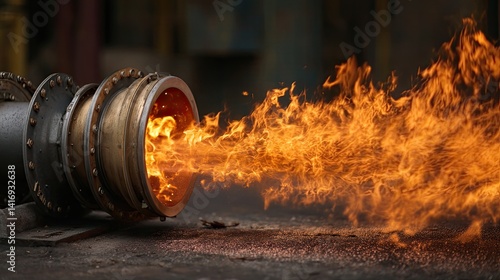 Intense flame emerging from industrial jet engine