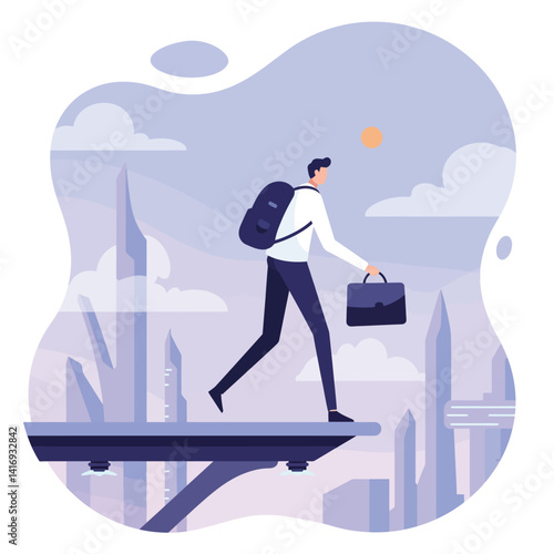 Businessman with briefcase and backpack confidently stepping off platform into futuristic cityscape at sunrise